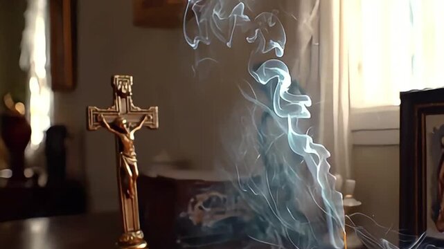 Catholic Home Prayer Altar with Cross, Candle and Incense
A peaceful Catholic home prayer altar featuring a wooden cross, lit candle, and rising incense smoke. The scene represents faith, devotion, sp
