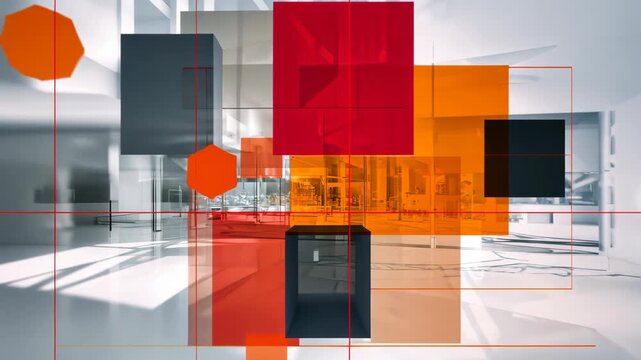 Geometric composition with overlapping translucent blocks, grid lines, and an indistinct interior