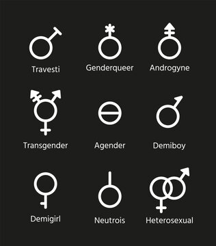 Gender symbols isolated on black background. Vector multigender, transgender, gay, bisexual and other orientation signs. Set outline white icons. Simple illustration. Sexual concept.