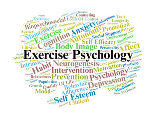 Obraz premium Exercise Psychology Word Cloud. Behavioral Science and Mental Health in Physical Activity