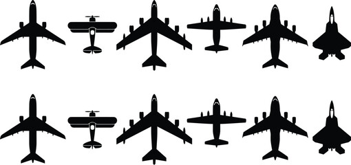 Set of black airplane silhouettes including commercial airliners, vintage biplane, military cargo planes, and stealth fighter jets isolated on white, © KRISNARANI