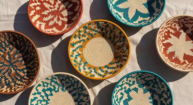 Colorful handcrafted woven wall baskets set, ethnic tribal patterns decorative straw bowls on neutral fabric background.