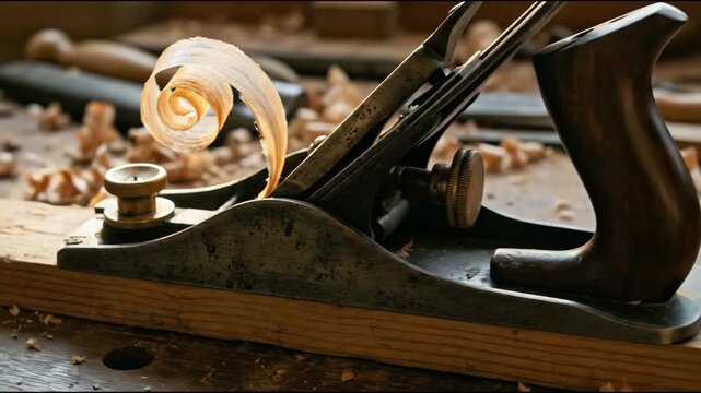 Wood plane tool creating wood shavings on a wooden board. Carpentry workshop with handcraft tools and lumber for repair.