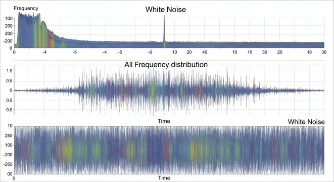Visual representation of random signal characteristics with comprehensive frequency, time, and spectrogram plots illustrating data distribution and spectral analysis in scientific applications