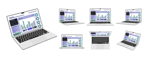 Obraz premium Laptop Computer Infographic Dashboard Mockup Set with Data Monitoring, Employee Attendance Records, Analytics UI, Business Statistics and Financial Report Interface Vector Illustration