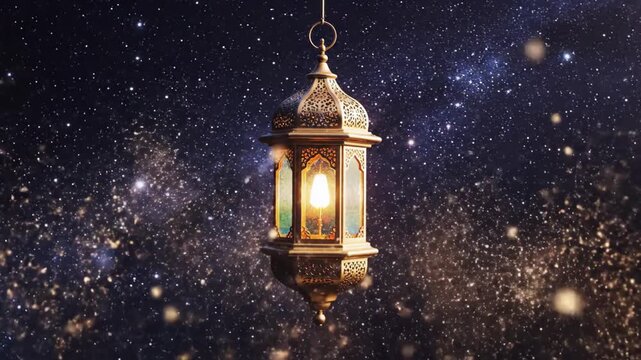 Animated transition showing a sparkling crescent moon dissolving as a golden Arabian lantern (Ramadan Fanoos) descends against a starry night sky, representing the start of a holy month.