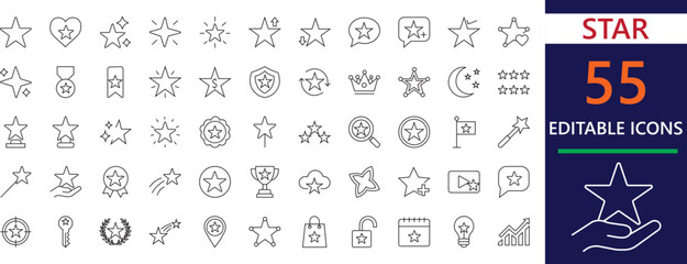 Minimalist thin line icons of stars, rating,  symbols, favorite,  win, sparkle , magic,  elements, and achievement ranking for web and app UI.