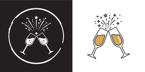 Clinking champagne glasses with festive sparkles and stars. Featuring two styles: a white outline on a dark circular badge and a colored minimalist line art version. © Nur