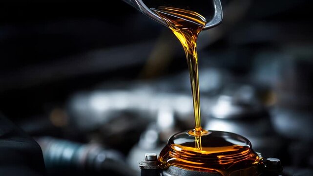 Oil is being poured into an engine part during a maintenance task in a garage at daytime while tools and equipment are visible in the background