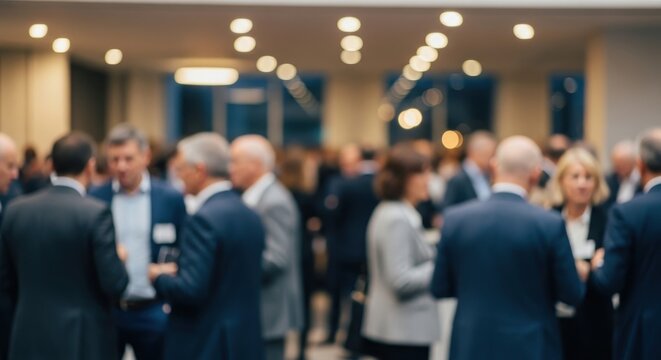 A blurry image of a large group of formally dressed people socializing in a well lit room with modern lighting fixtures