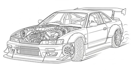 Detailed Technical Drawing of a Sports Car Engine and Chassis.
