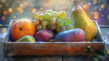 Colorful Fresh Fruit Collection in Metal Tray on Wooden Surface with Bokeh Light Effect