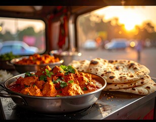 A gourmet healthy meal of baked chicken with rice and vegetables features a hot pan of traditional paella-style meat and pepper in a savory sauce