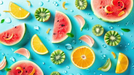 Colorful Fresh Fruit Slices Water Splash Blue Background
