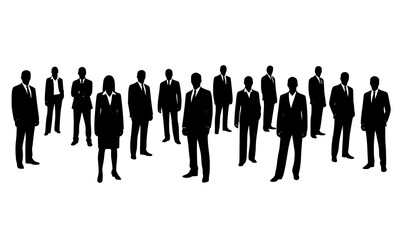 Minimal business people silhouettes vector group of men and women standing and walking in black
