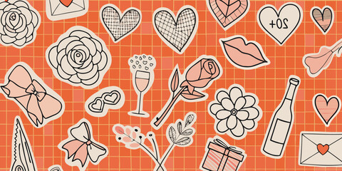 Romantic illustrations and symbols on a red grid background