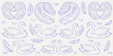 Blue line art featuring swans hearts and feathered wings in a pattern © Sujal
