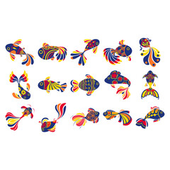 Obraz premium Decorative ornamental fish collection with intricate patterns and vibrant colors. Artistic vector illustrations for aquatic-themed branding, textile patterns, wall art, and creative stationery design.