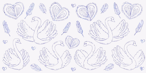 Blue sketch featuring swans hearts and feathers in a repeating pattern © Sujal