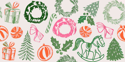 Festive christmas illustrations gifts wreaths ornaments and traditional toys © Sujal
