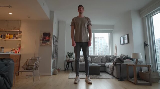 Tall man stands in modern living room with neutral colors, light coming through large windows on a weekday in an apartment building