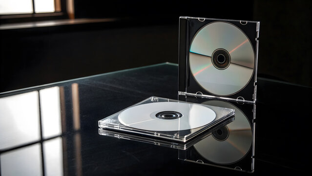 Two blank CDs or DVDs in cases on a reflective surface, ideal for music or data mockups.
