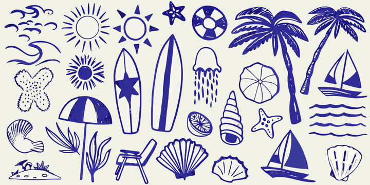 Blue summer doodles featuring beach elements and nautical imagery