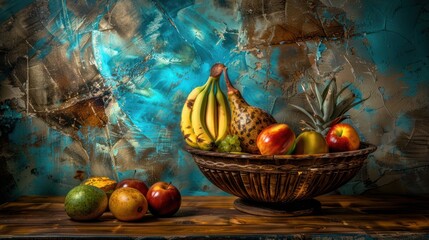 Colorful Fruit Arrangement in Wooden Bowl on Rustic Surface with Artistic Blue Background