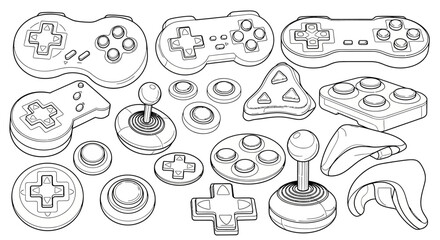 Obraz premium A collection of various video game controllers, joysticks, and buttons in a detailed line art style, showcasing different designs and eras of gaming input devices.