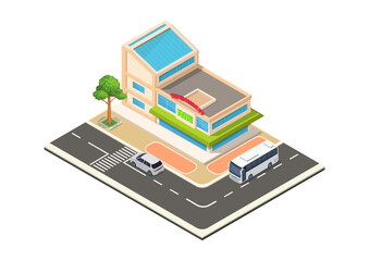 Isometric Modern Supermarket Building on Street Corner with Bus and Car