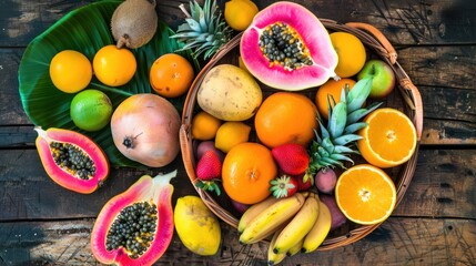Colorful Fruit Basket with Mango Pineapple Oranges Bananas Strawberries and Passion Fruit on Rustic Wooden Surface