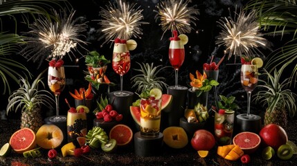 Colorful Fruit Cocktails with Fireworks and Tropical Decorations in Night Celebration