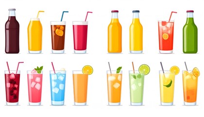 Colorful Assortment of Summer Drinks: Bottles and Glasses with Straws and Fruit Slices