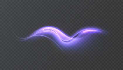 A glowing purple neon wave trail with a soft glow, isolated on a dark background. An abstract glowing vortex for magical effects, overlays in design and illustrations. Vector.