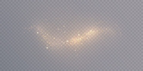 Soft golden glitter dust with sparkles and bokeh haze, isolated on transparent. Abstract light particle trail for magic overlays, shine and glow effects. Vector. © MAKSYM
