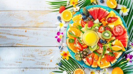 Colorful Fruit Platter with Juicy Watermelon Strawberries and Blueberries Surrounded by Tropical Flowers on White Wooden Table