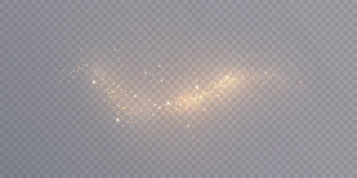 Soft golden glitter dust with sparkles and bokeh haze, isolated on transparent. Abstract light particle trail for magic overlays, shine and glow effects. Vector.