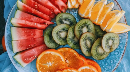 Colorful Fruit Platter with Watermelon Kiwi Orange Lemon Slices Fresh and Vibrant
