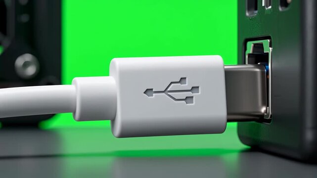 Macro Shot of White USB-C Cable Connecting to Port Green Screen