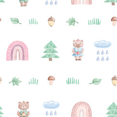 Seamless pattern with cute bears and rainbows. Watercolor hand drawn