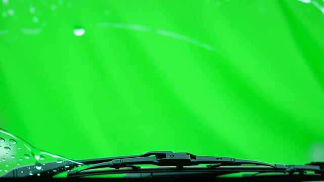 Car Windshield Wipers Wiping Rain Water on Green Screen