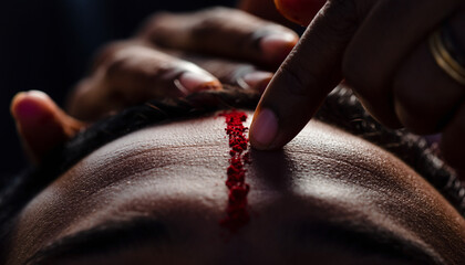 Fototapeta premium Extreme close-up of a hand applying red ceremonial powder (tilak or kumkum) to the forehead, signifying a cultural tradition or ritual blessing.