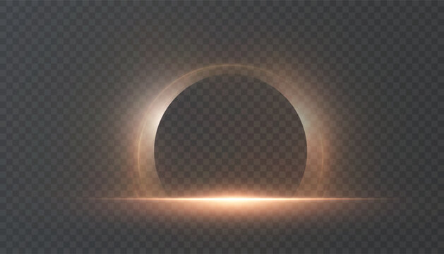 An abstract golden glowing portal, a magical light arch and a neon round frame on a dark background.