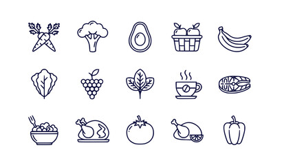 Fototapeta premium Set of fresh fruits vegetables and coffee flat design vector illustration icons scalable