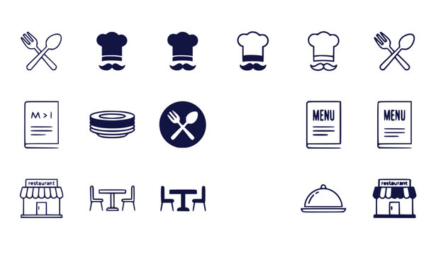 Restaurant icons set with chef hat, cutlery, menu, and building vector illustration flat design
