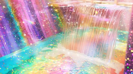 Colorful Iridescent Waterfall with Glittering Rainbow Effects in Artistic Water Feature