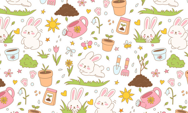 Cute kawaii bunny seamless pattern with spring garden elements, flowers and gardening tools, pastel childish vector background
