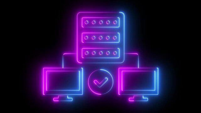 neon Minimalist proxy server with connected computer icon. Perfect for technology websites, apps, presentations for proxy server related to backup service database. representing Data center isometric.