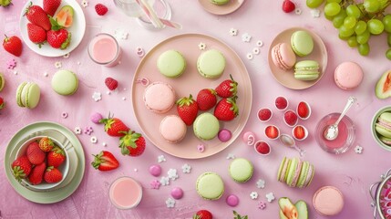 Colorful Macarons and Fresh Strawberries on Pink Tabletop with Green Grapes and Sweet Treats