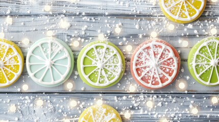Colorful Lemon-shaped Cookies with Icing and Sprinkles on Rustic Wooden Surface